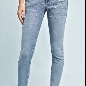 Anthropologie Pilcro Script Blue Jeans Embellished with Pearl Accents 32 Tall